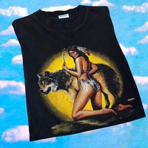 Black Graphic Tee with Wolf and Woman Design